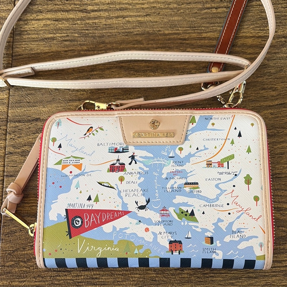 New Spartina 449 Cream and Blue Crossbody Bag with Map Design